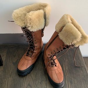 Lauren Ralph Lauren Brown Leather Winter Lace-Up Boots with Cream Fur Cuff